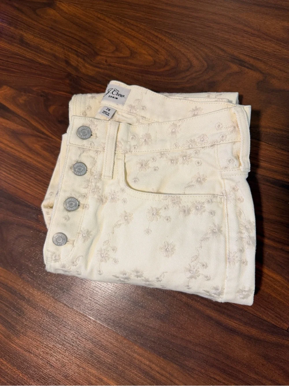 J. Crew High Rise Billie Demi Boot Crop Cream Jeans with Embroidery